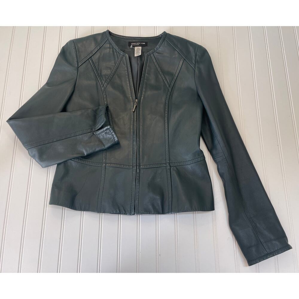 Jones New‎ York Collection Leather Moto Front Zip Collarless Jacket Womens Small